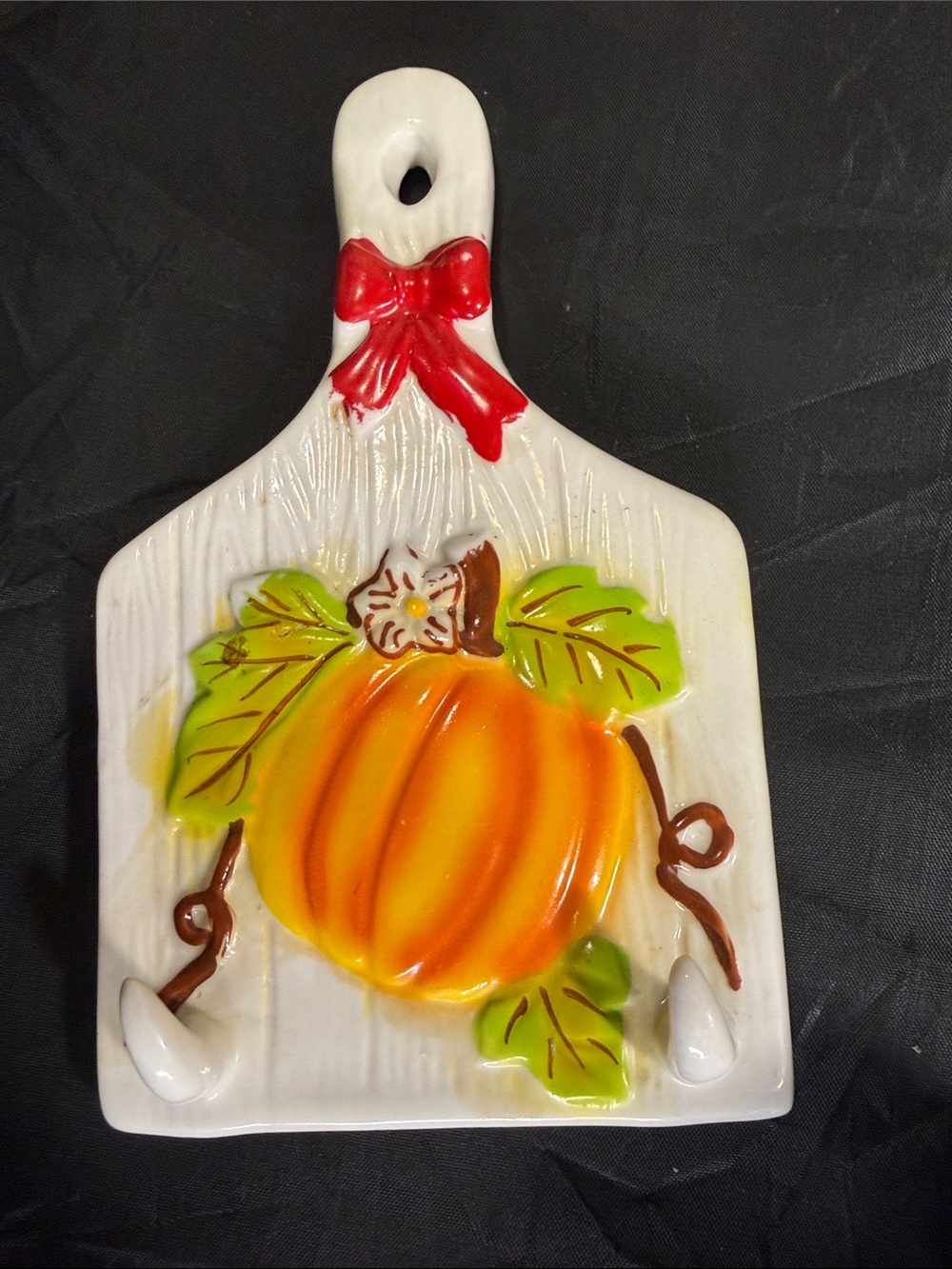 Vintage Ceramic wall hanging to store your dishOrange Pumpkin and Green Leaves